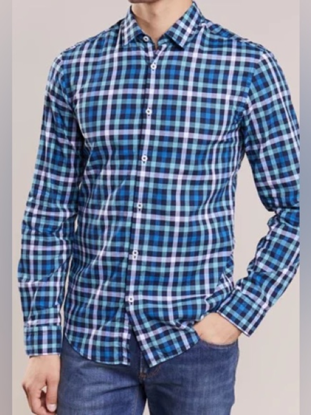 Hugo Boss Blue Black White Plaid Casual Button-Down Shirt